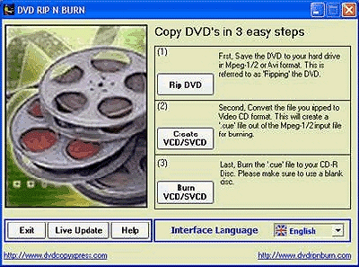 Enregistrer un DVD au format DivX : l'cran d'accueil de DVD Rip'n'Burn